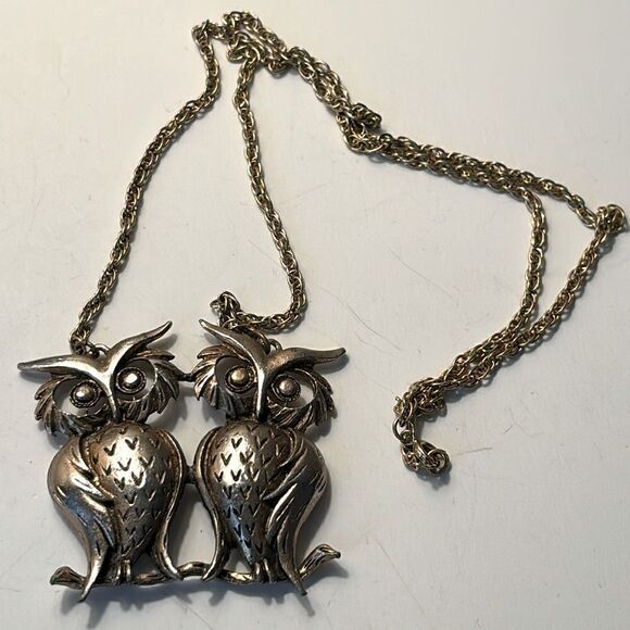 Vintage Retro Pair of Owls with Branch on Chain Necklace - Picture 1 of 5